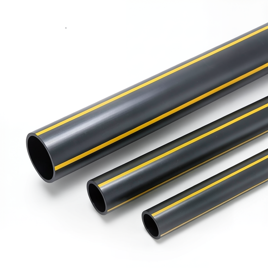 HDPE Polyethylene Pipe PN 10 Bar PE 80 225 mm OD 20.5 mm Thickness Black Yellow Stripes