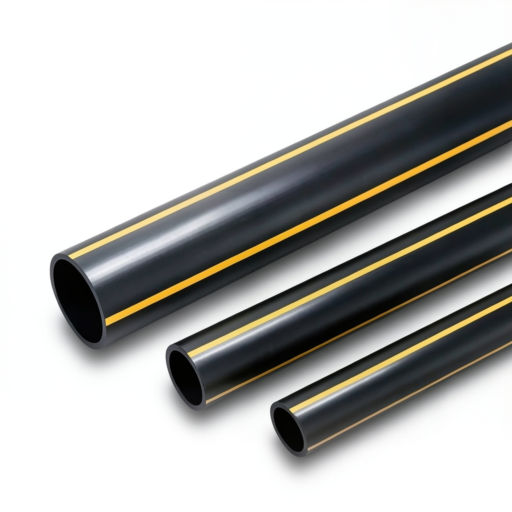 أنابيب HDPE ضغط 8 بار PE 80 قطر خارجي 200 مم سماكة 18.2 مم أسود مع خطوط صفراء