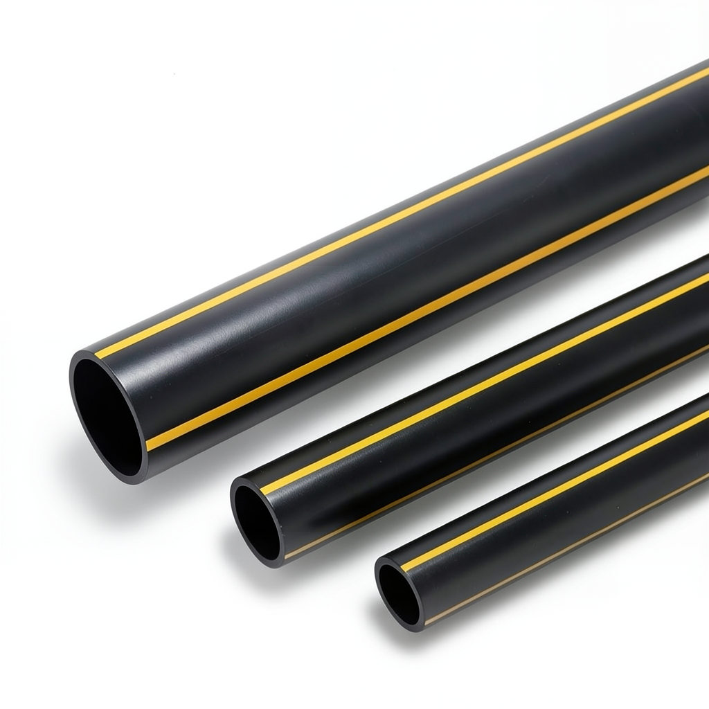 HDPE Polyethylene Pipe 4.8 Bar Pressure PE 80, 250 mm OD, 14.2 mm Thickness Black/Yellow