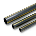 مواسير HDPE بولي ايثيلين ضغط 4.8 بار PE 80 قطر خارجي 315 مم سمك 17.9 مم أسود مع خطوط صفراء