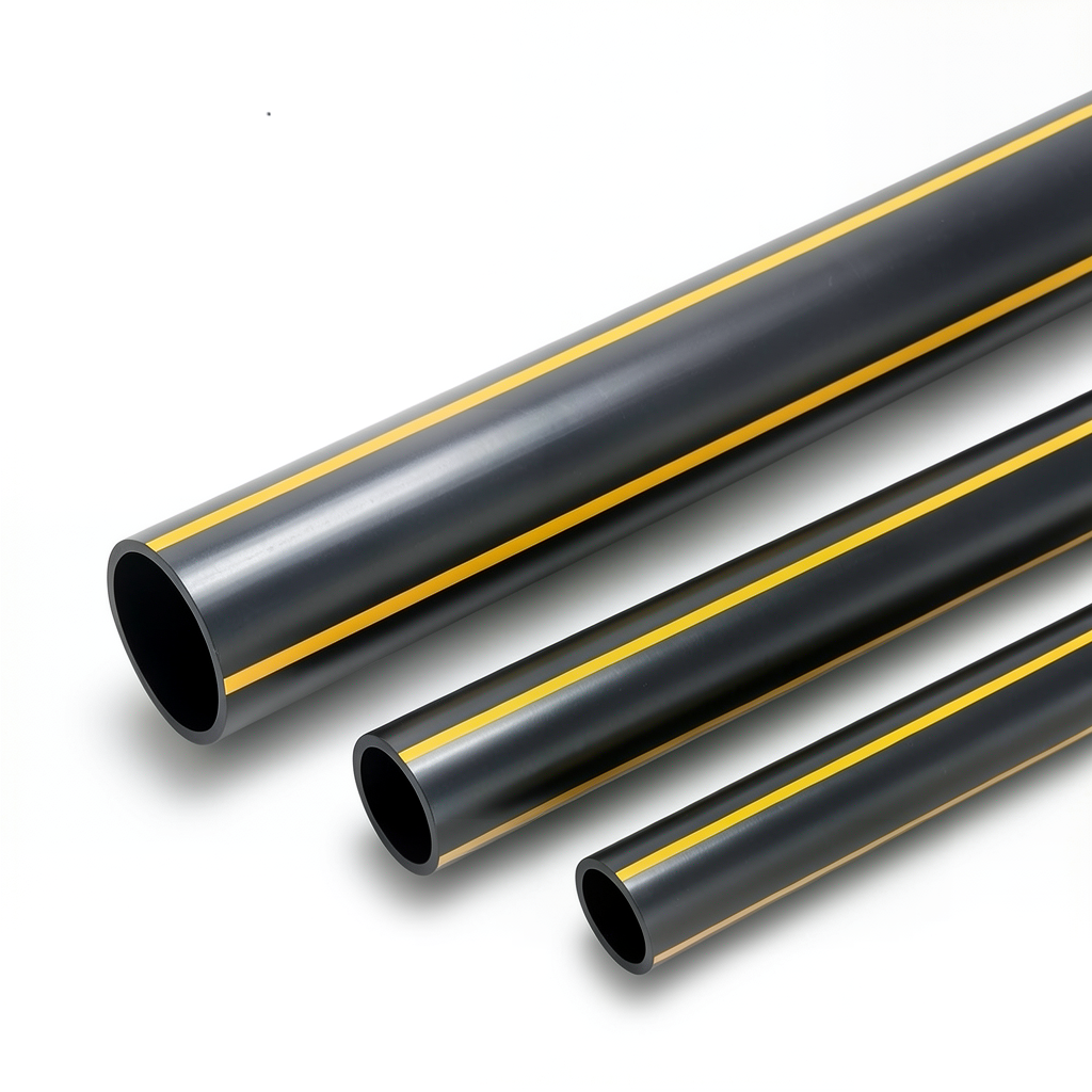 مواسير HDPE ضغط 8 بار PE 80 قطر خارجي 280 مم سمك 25.4 مم أسود مع خطوط صفراء