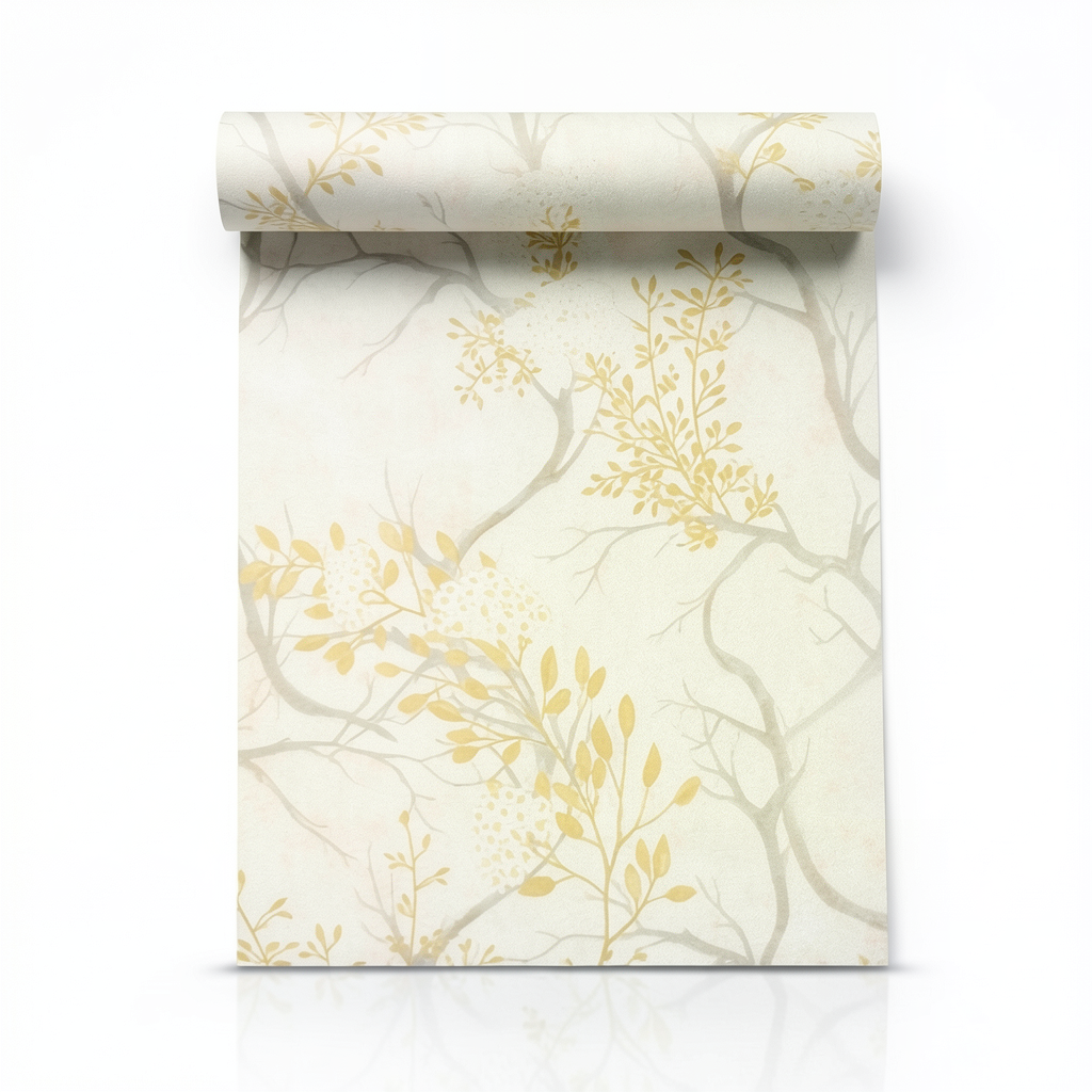 Italian Wallpaper Leaf-Patterned Design, Size 10mx1.06m, Creamy Color