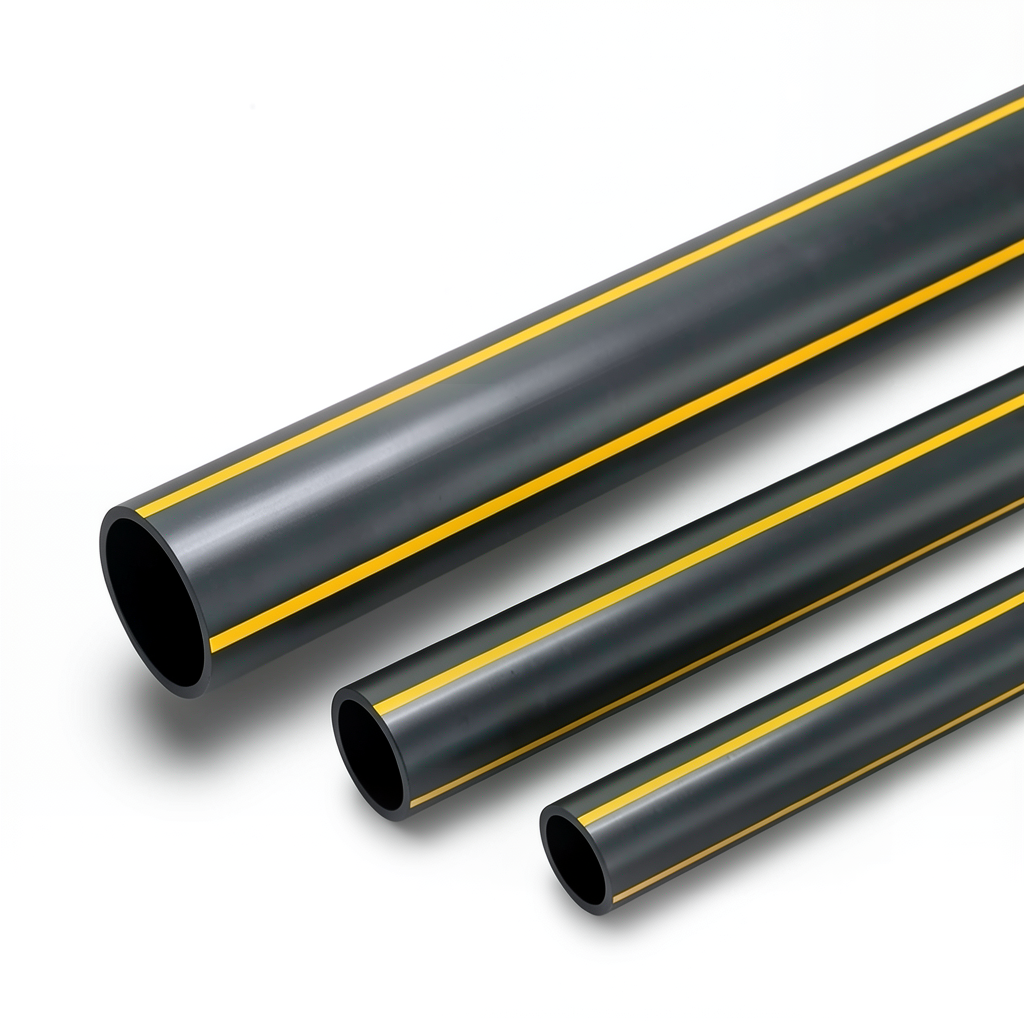 مواسير HDPE ضغط 4.8 بار PE 80 قطر خارجي 200 مم سمك 11.4 مم أسود مع خطوط صفراء