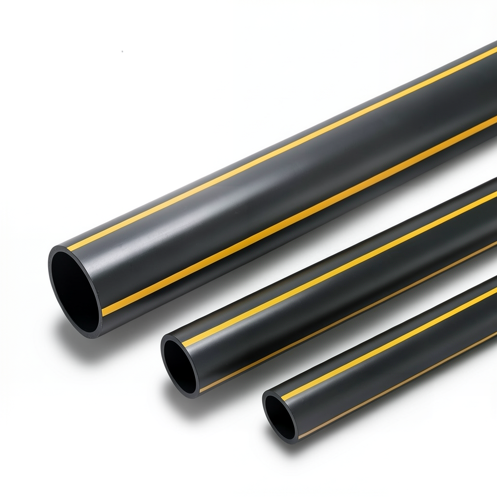 أنابيب HDPE ضغط 4.8 بار PE 80، قطر خارجي 280 مم، سمك 15.9 مم، أسود مع خطوط صفراء