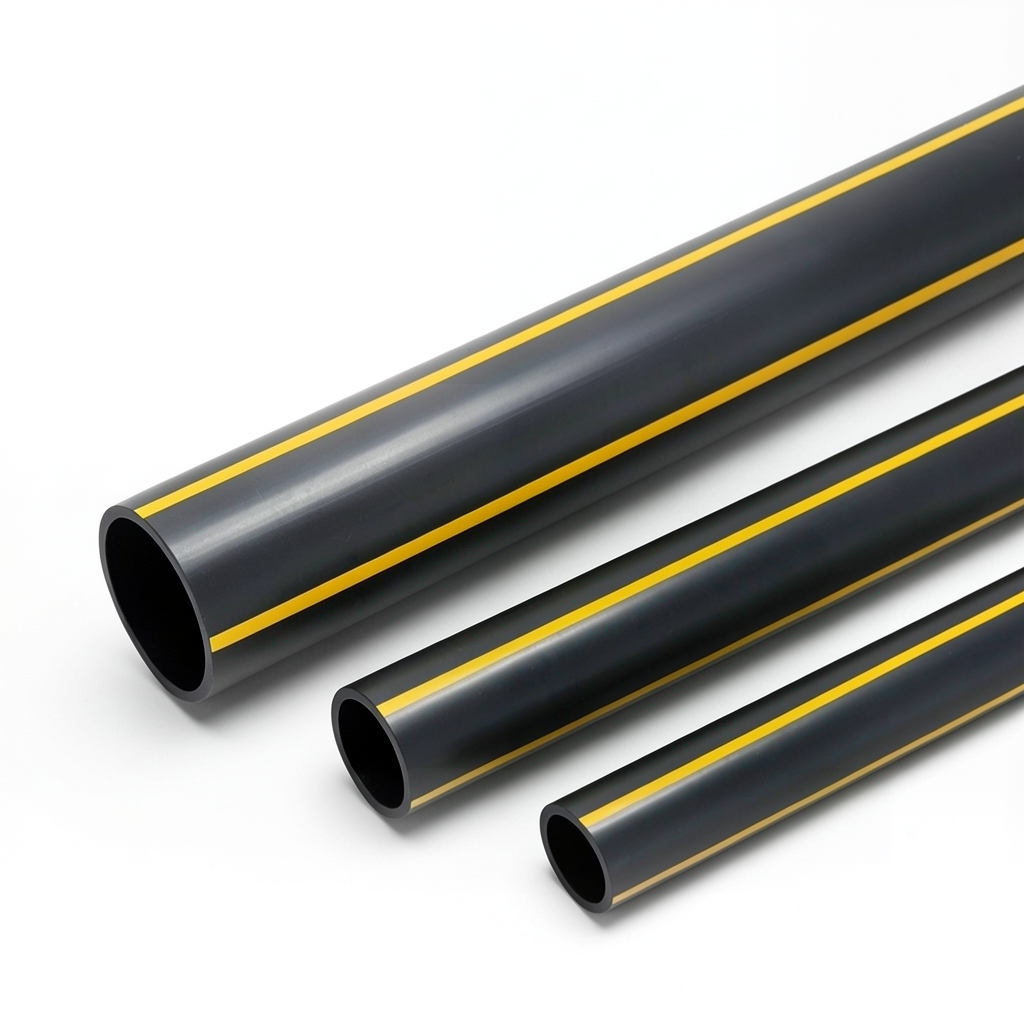 مواسير بلاستيك HDPE ضغط 8 بار PE 80 قطر خارجي 450 مم سماكة 40.9 مم أسود مع خطوط صفراء