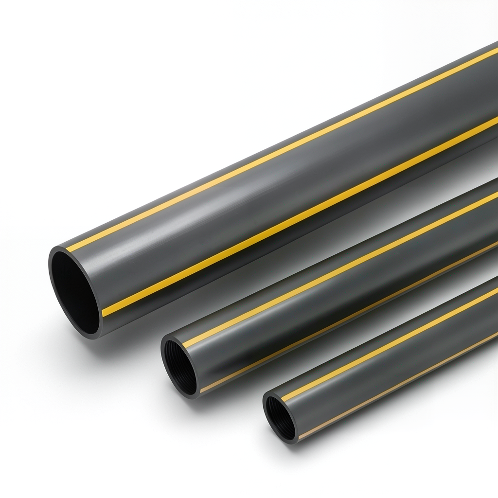 مواسير HDPE بولي ايثيلين ضغط 4.8 بار PE 80 قطر خارجي 315 مم سمك 17.9 مم أسود مع خطوط صفراء