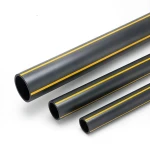 أنابيب بلاستيك HDPE ضغط 4.8 بار PE 80 قطر خارجي 355 مم سماكة 20.2 مم أسود مع خطوط صفراء