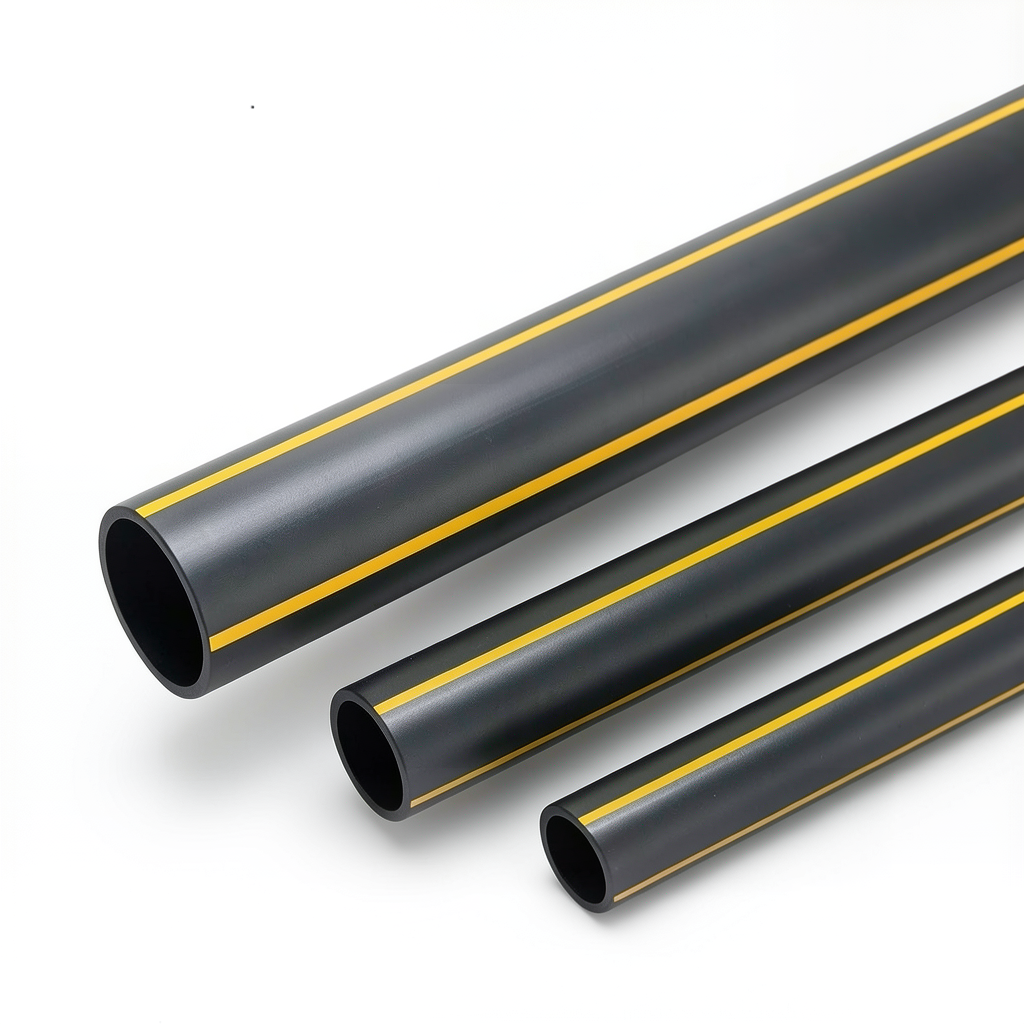أنابيب بلاستيك HDPE ضغط 4.8 بار PE 80 قطر خارجي 355 مم سماكة 20.2 مم أسود مع خطوط صفراء