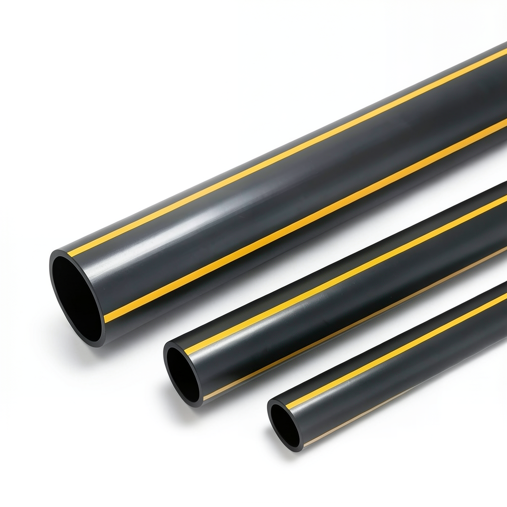 HDPE Plastic Pipe PN 4.8 Bar PE 80 OD 560 mm Thickness 31.9 mm Black with Yellow Stripes