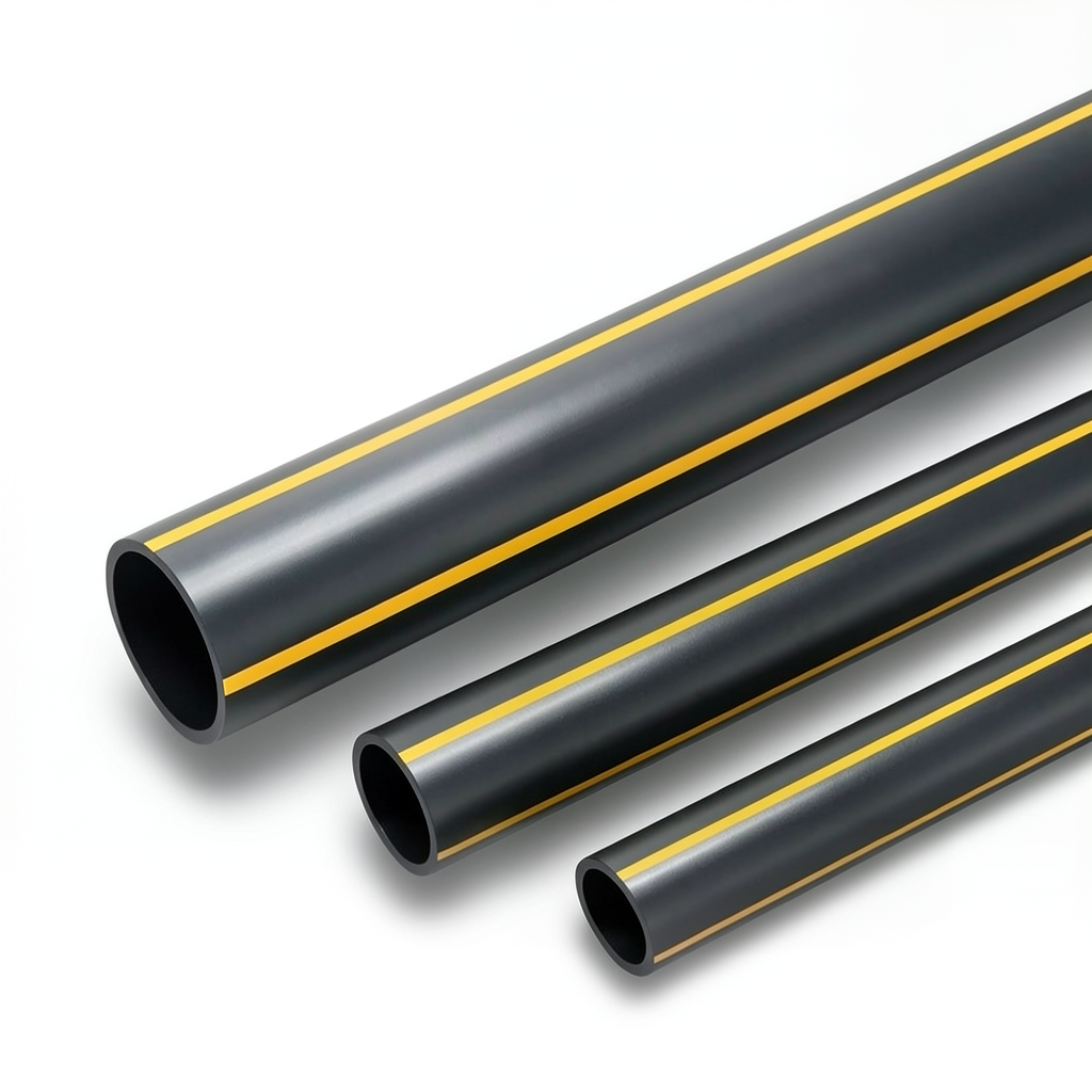 HDPE Pipe Pressure 8 Bar PE 80 Size OD 280 mm Thickness 25.4 mm Black Yellow Stripes