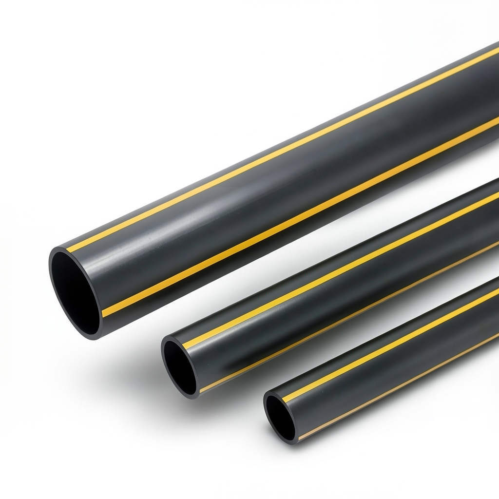 أنابيب بلاستيك HDPE ضغط 4.8 بار PE 80 قطر خارجي 630 مم سماكة 35.8 مم أسود مع خطوط صفراء