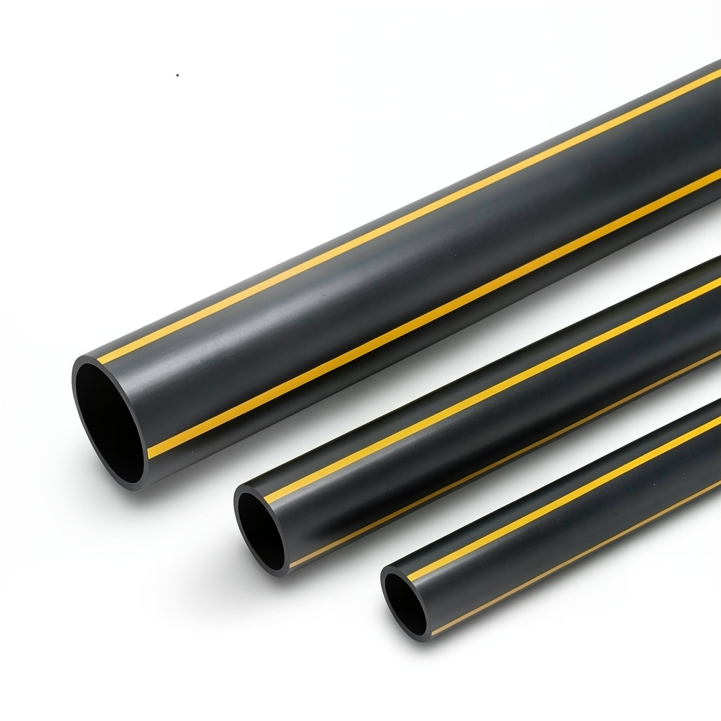 HDPE Plastic Pipe PN 8 Bar PE 80, 500 mm OD, 45.5 mm Thickness, Black with Yellow Stripes