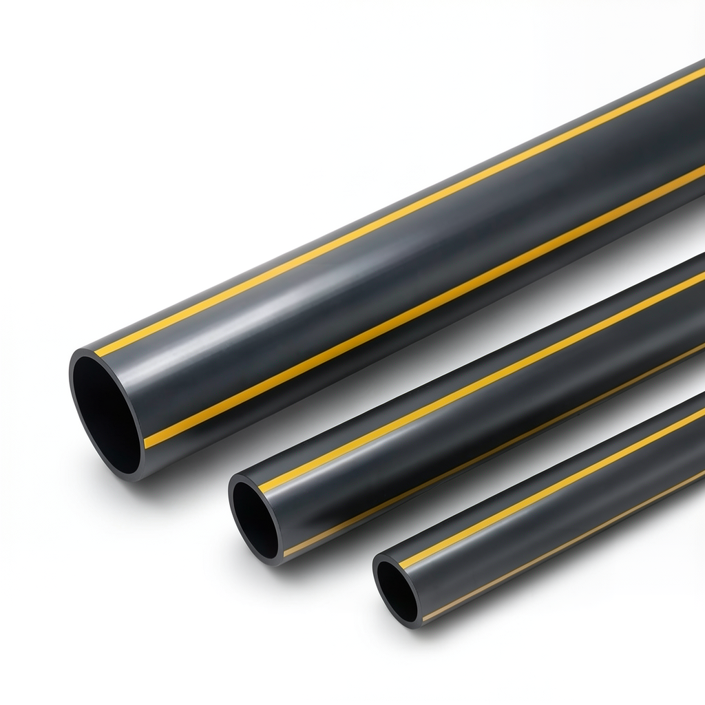 مواسير بلاستيك HDPE ضغط 8 بار PE 80، قطر خارجي 560 مم، سماكة 50.9 مم أسود مع خطوط صفراء
