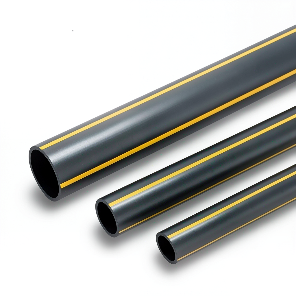 أنابيب بلاستيك HDPE ضغط اسمي 8 بار PE 80 قطر خارجي 630 مم سماكة 57.3 مم أسود مع خطوط صفراء
