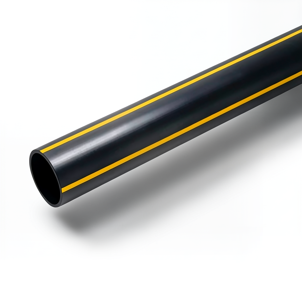 مواسير HDPE ضغط 4.8 بار PE 80 قطر خارجي 450 مم سماكة 25.6 مم أسود مع خطوط صفراء