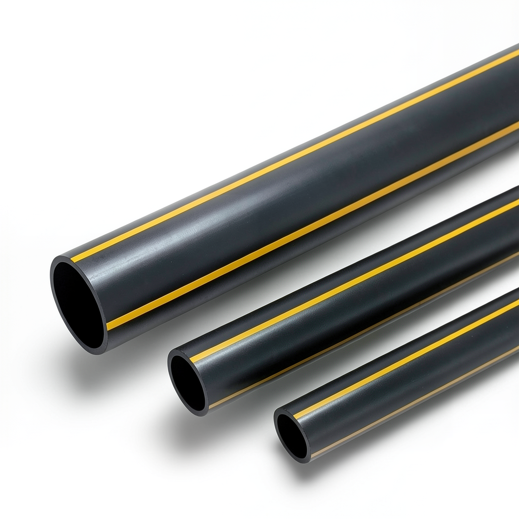 أنابيب بلاستيك HDPE ضغط 4.8 بار PE 80 قطر خارجي 630 مم سماكة 35.8 مم أسود مع خطوط صفراء