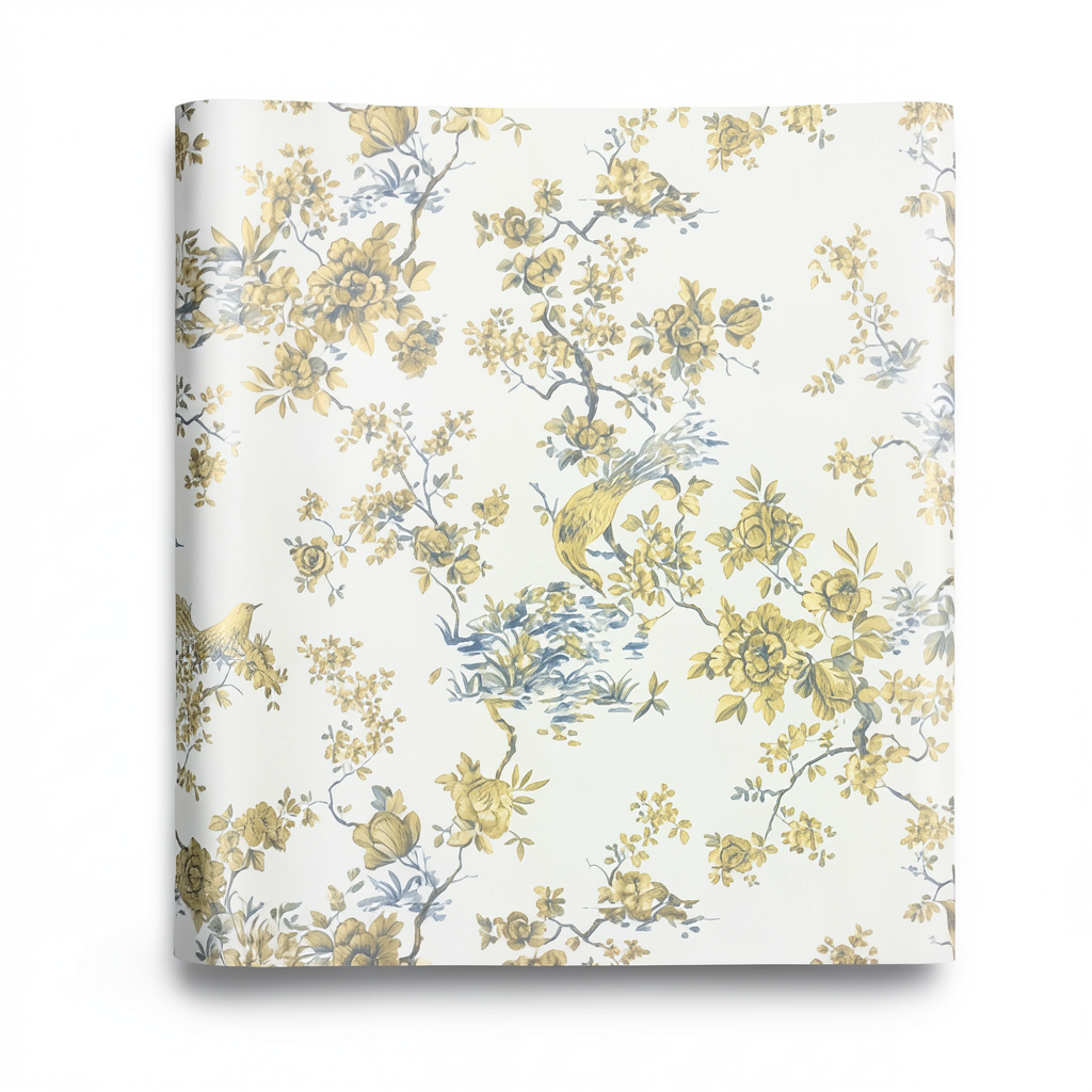 Italian Wallpaper Floral Design 10mx1.06m White with Gold