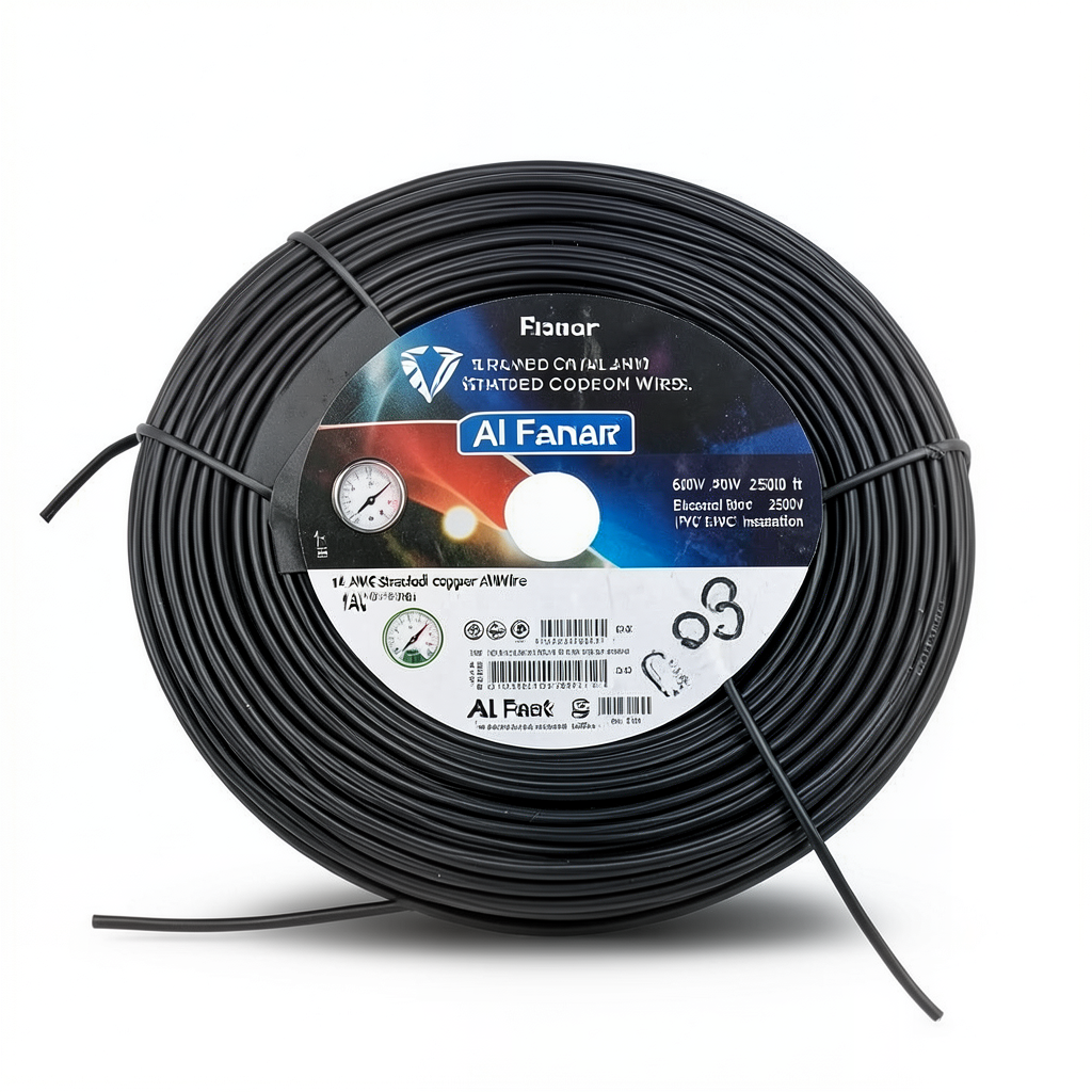 لفة سلك AWM نحاس مجدول 14 AWG، 600 فولت، عزل PVC، اسود، طول 2500 قدم | شركة الفنار