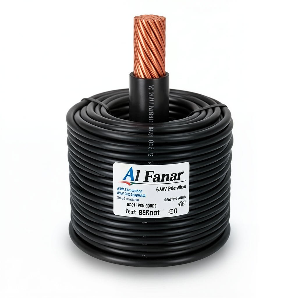 لفة سلك AWM نحاس مجدول 6 AWG 600 فولت، عزل PVC، اسود، طول 2500 قدم | شركة الفنار