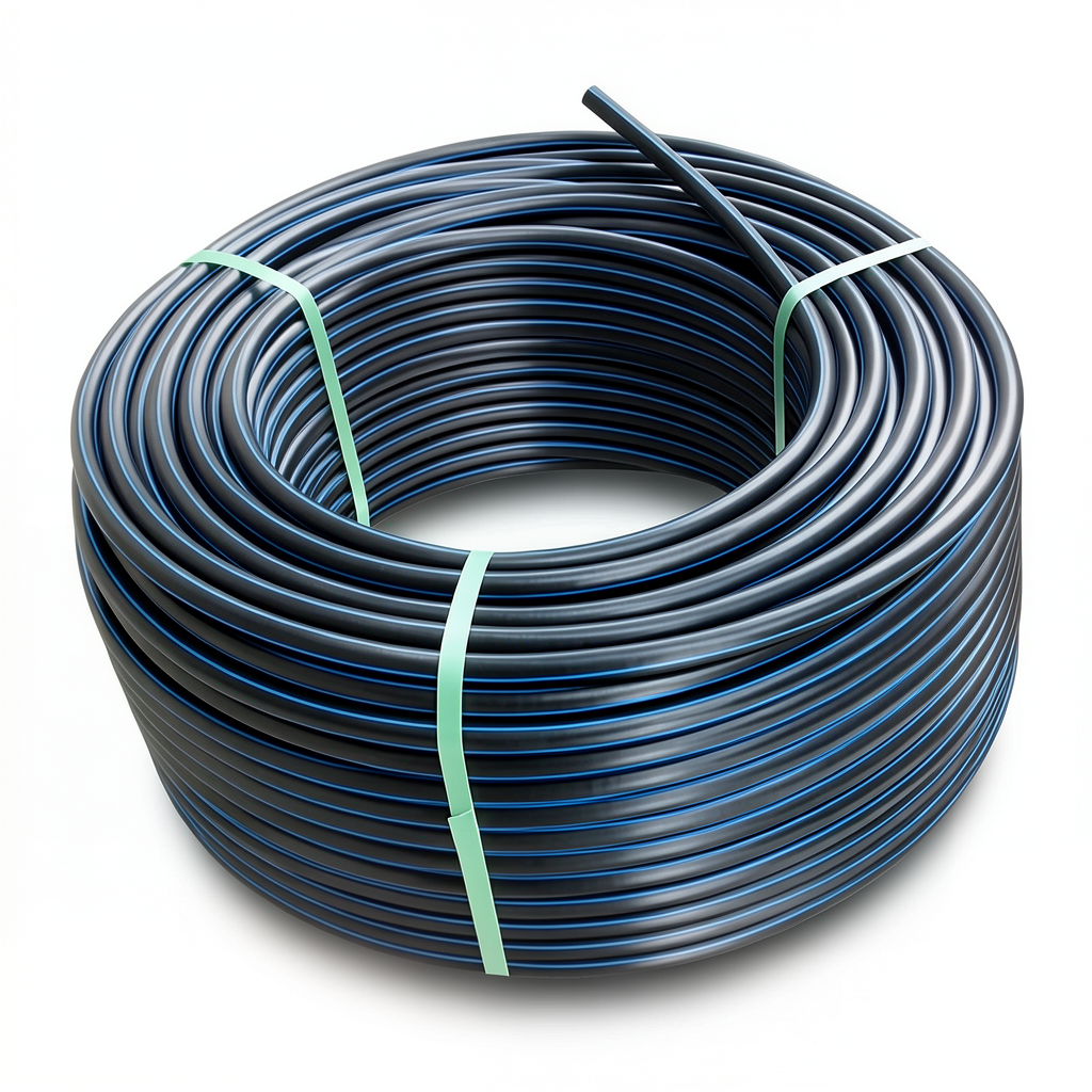 لفة أنابيب HDPE ضغط اسمي 4 بار PE 80 قطر خارجي 63 مم SDR 41 أسود مع خطوط زرقاء