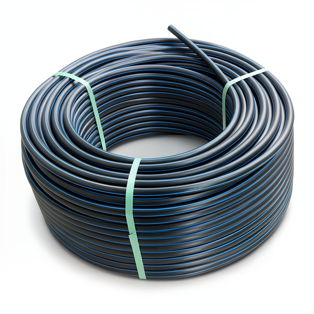 لفة أنابيب HDPE ضغط 4 بار PE 80، قطر خارجي 75 مم SDR 41 أسود مع خط أزرق