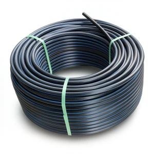 HDPE Plastic Coil Pipe Nominal Pressure 4 Bar PE 80, 90 mm SDR 41 Black with Blue Stripes