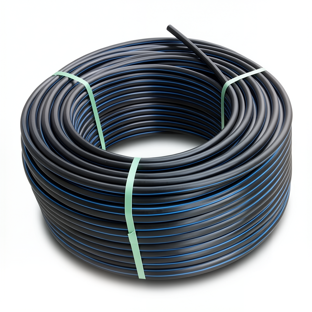 لفة أنابيب HDPE ضغط 4 بار PE 80 قطر خارجي 125 مم SDR 41 أسود مع خطوط زرقاء