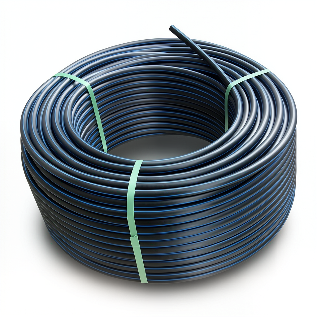 لفة أنابيب HDPE ضغط اسمي 4 بار PE 80 قطر خارجي 63 مم SDR 41 أسود مع خطوط زرقاء
