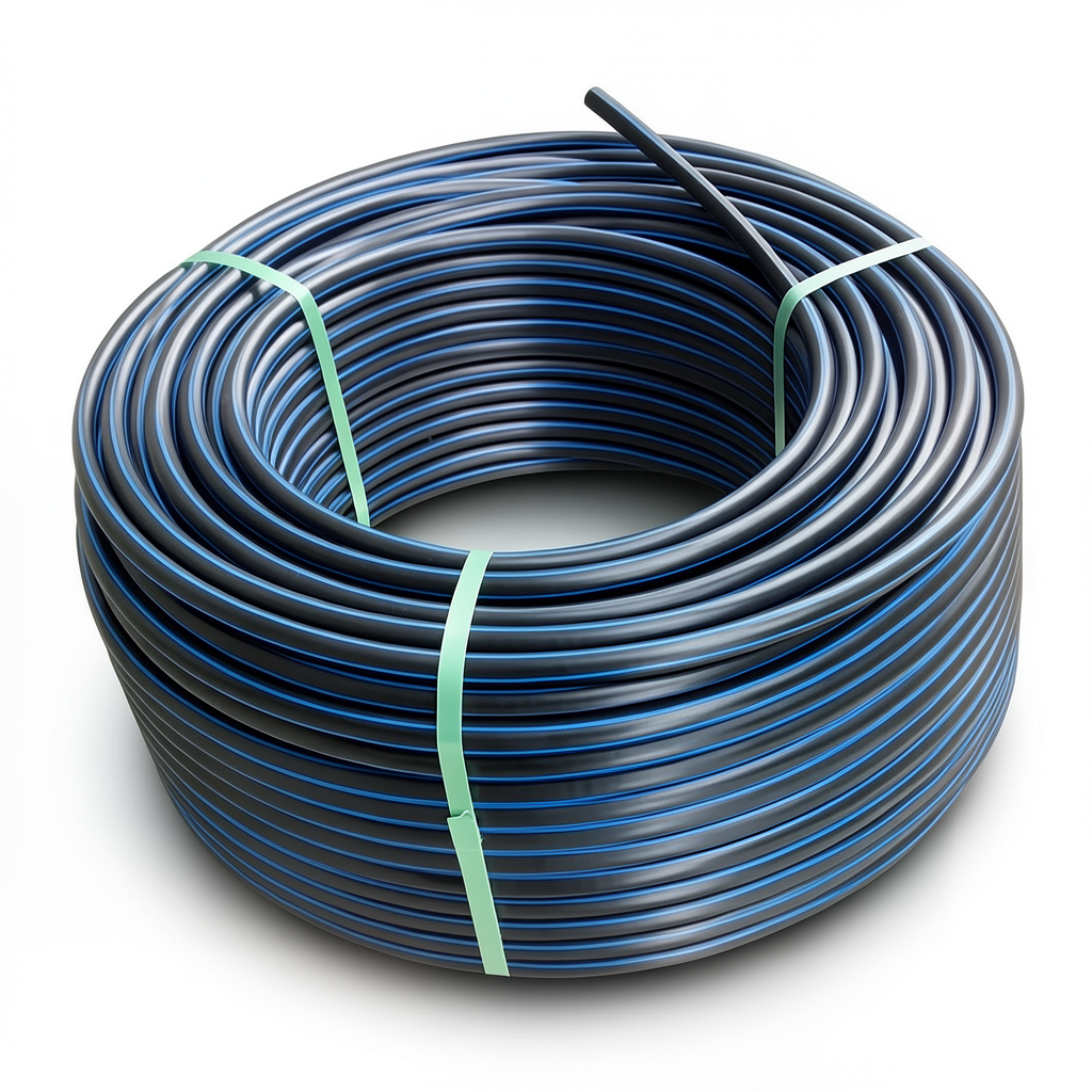 HDPE Plastic Coil Pipe PN 4 Bar PE 80, 75 mm Outside Diameter SDR 41 Black with Blue Stripes