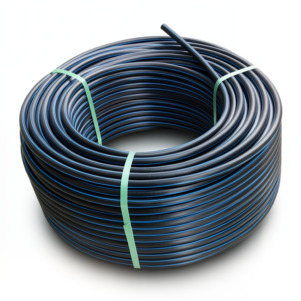 HDPE Plastic Coil Pipe Nominal Pressure 4 Bar PE 80 OD 125 mm SDR 41 Black with Blue Stripes