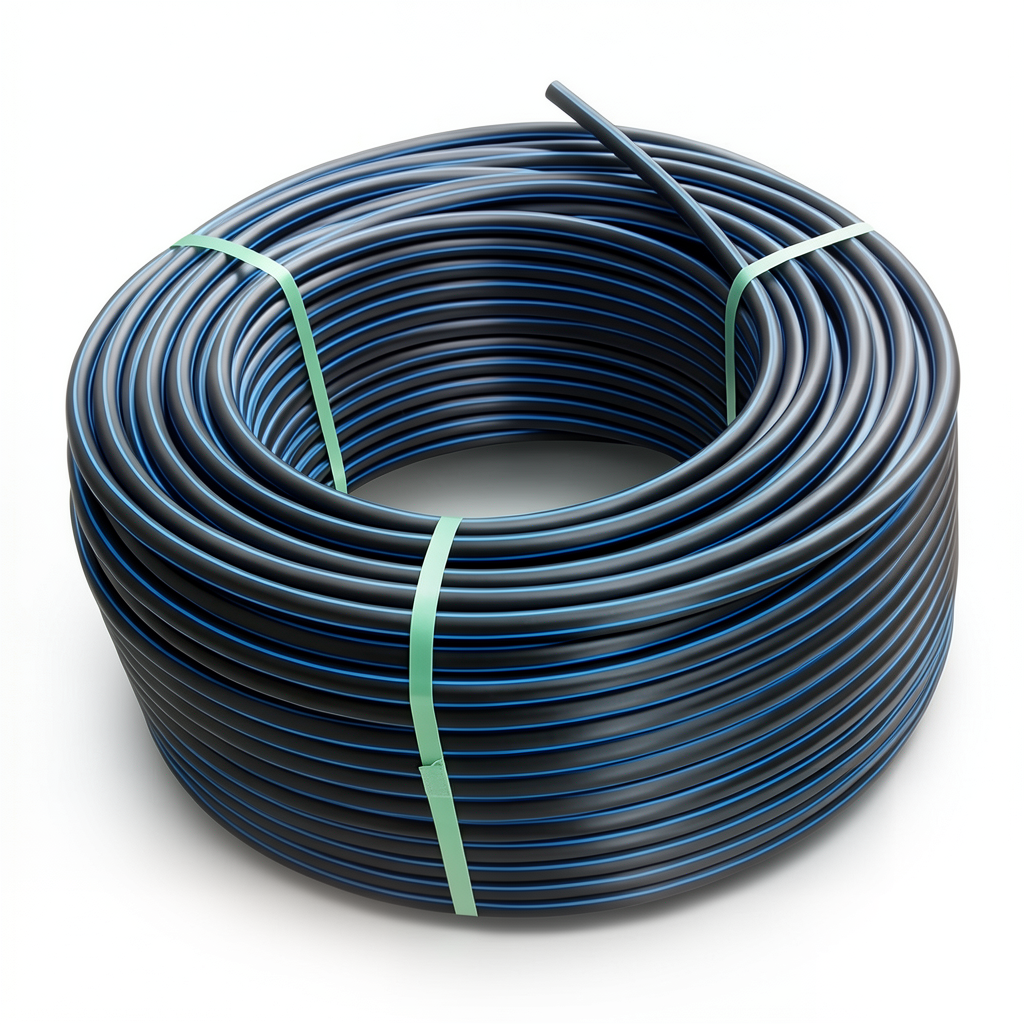 HDPE Plastic Coil Pipe Nominal Pressure 4 Bar PE 80 OD 50 mm SDR 33 Black with Blue Stripes