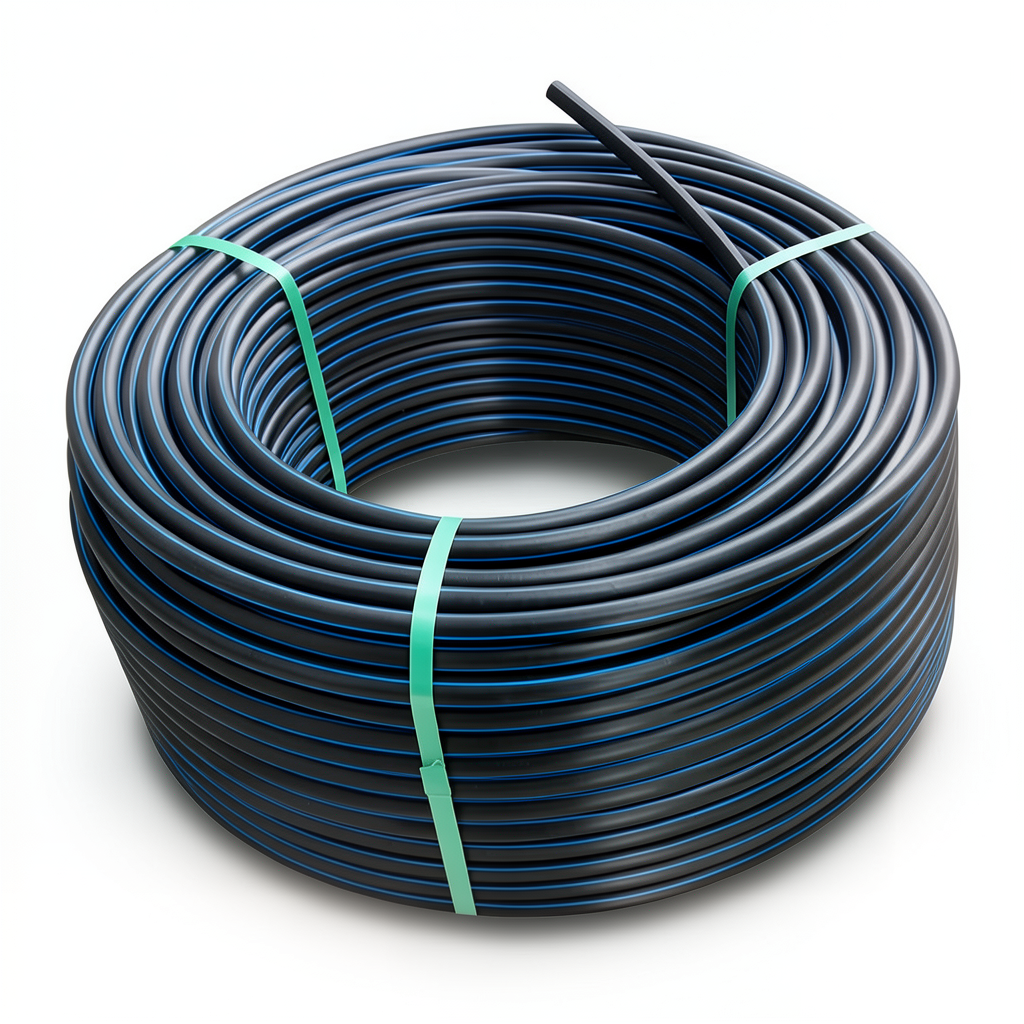 لفة أنابيب HDPE ضغط 4 بار PE 80 قطر خارجي 75 مم SDR 33 أسود مع خط أزرق