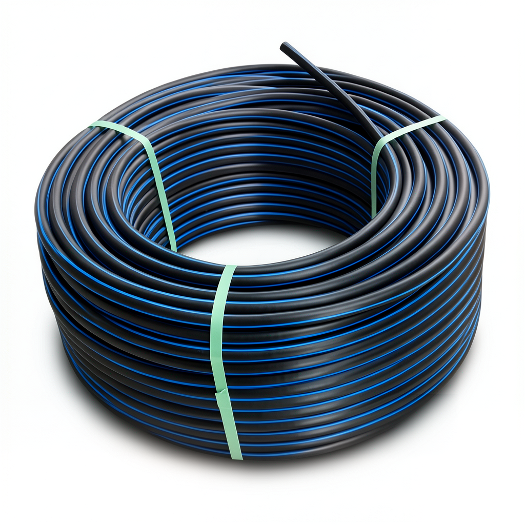 HDPE Plastic Coil Pipe PN 4 Bar PE 80 OD 90 mm SDR 33 Black with Blue Stripes