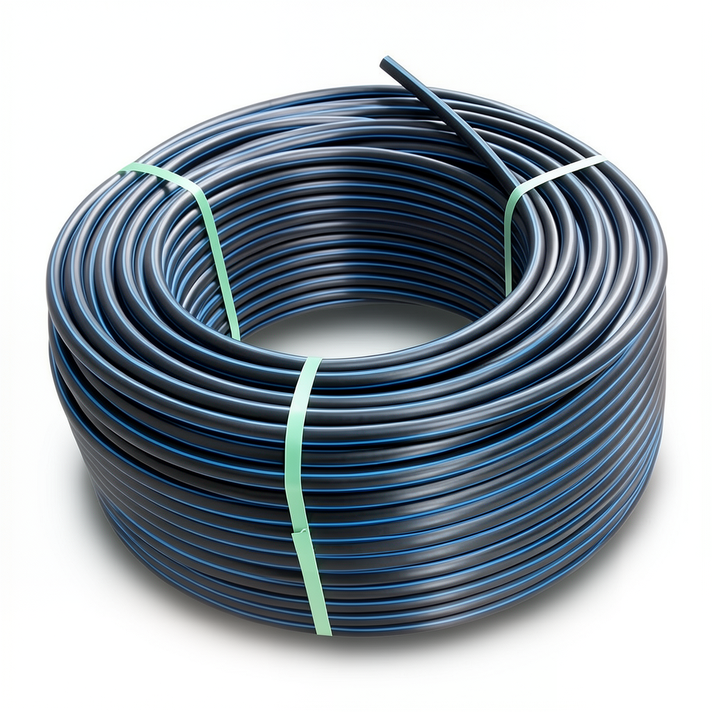 لفة أنابيب HDPE ضغط اسمي 4 بار PE 80، قطر خارجي 110 مم SDR 33 أسود مع خطوط زرقاء