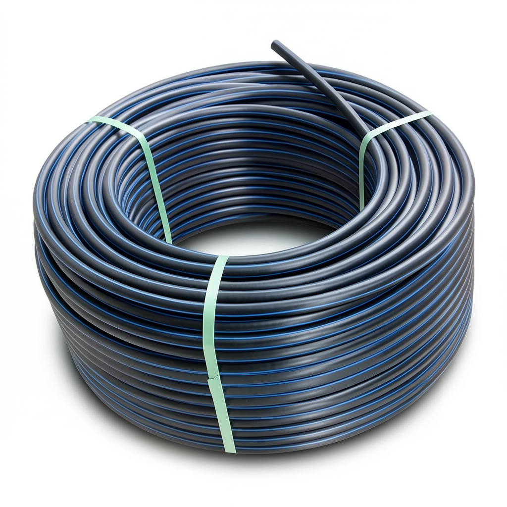 HDPE Plastic Coil Pipe Nominal Pressure 6 Bar PE 80 OD 50 mm SDR 22 Black with Blue Stripes