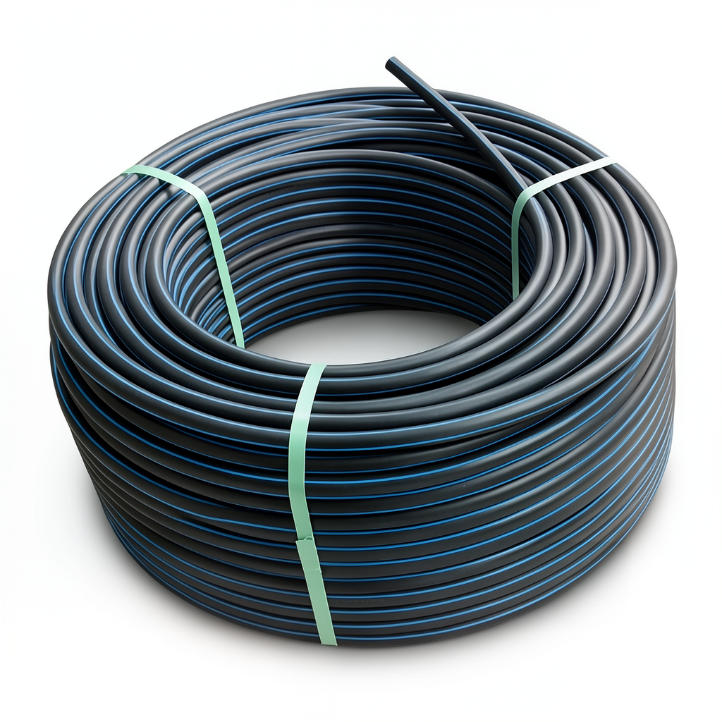 HDPE Plastic Coil Pipe Nominal Pressure 4 Bar PE 80 OD 75 mm SDR 33 Black with Blue Stripes