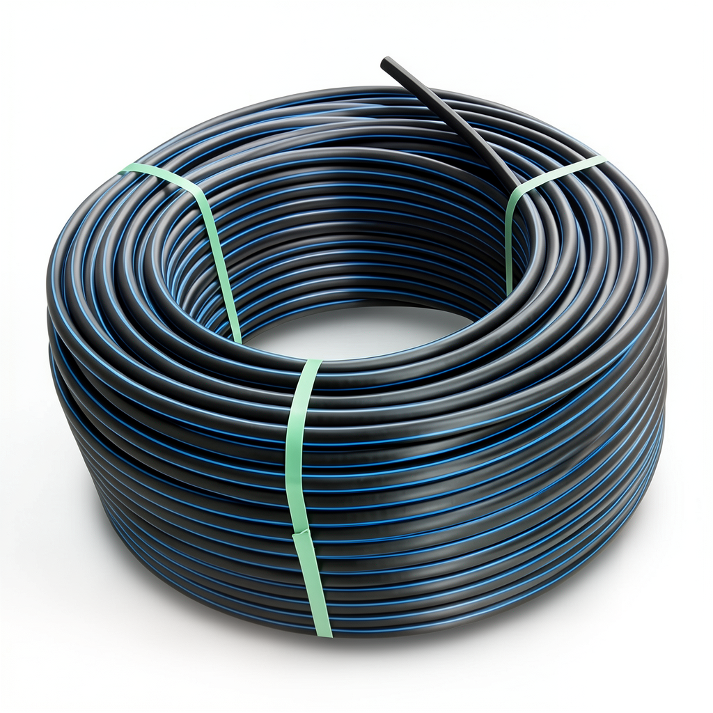 لفة أنابيب HDPE ضغط اسمي 4 بار PE 80، قطر خارجي 110 مم SDR 33 أسود مع خطوط زرقاء