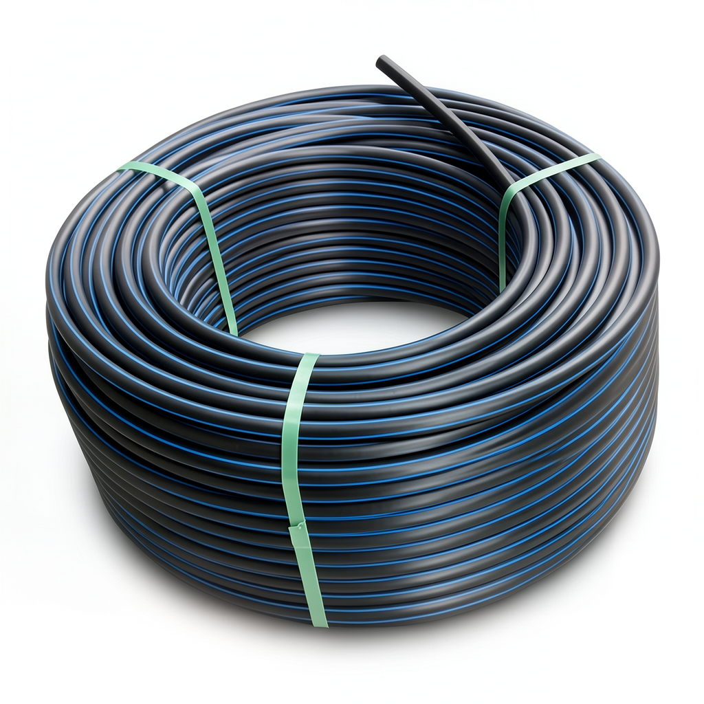 لفة أنابيب HDPE ضغط 4 بار PE 80 قطر خارجي 125 مم SDR 33 أسود مع خطوط زرقاء