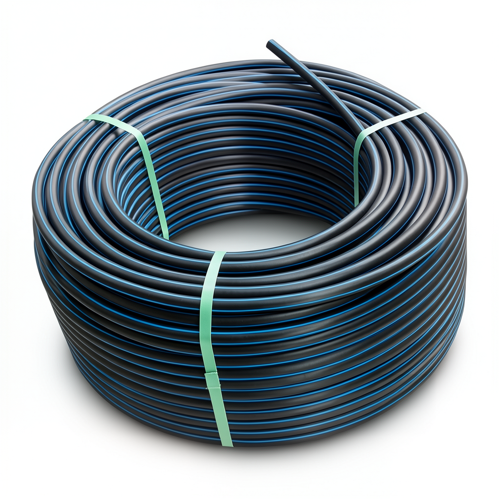 لفة أنابيب HDPE ضغط اسمي 4 بار PE 80، قطر خارجي 140 مم SDR 33 أسود مع خطوط زرقاء