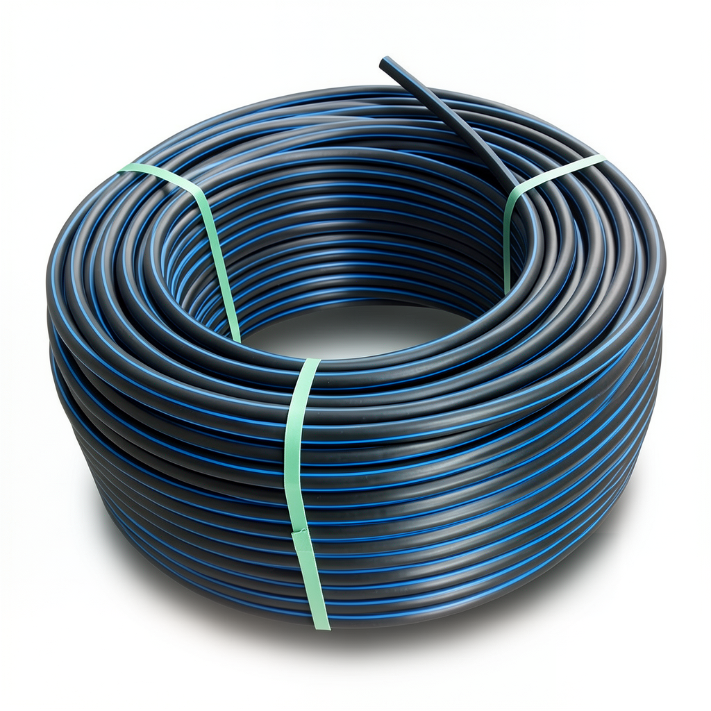 لفة أنابيب HDPE ضغط 6 بار PE 80 قطر خارجي 50 مم SDR 22 أسود مع خطوط زرقاء