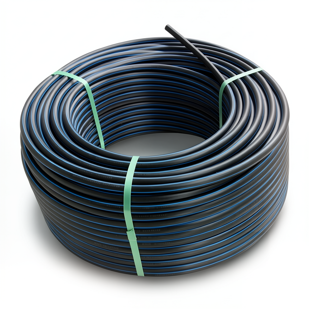 لفة أنابيب بلاستيك HDPE ضغط 6 بار PE 80 قطر خارجي 63 مم SDR 22 أسود مع خطوط زرقاء