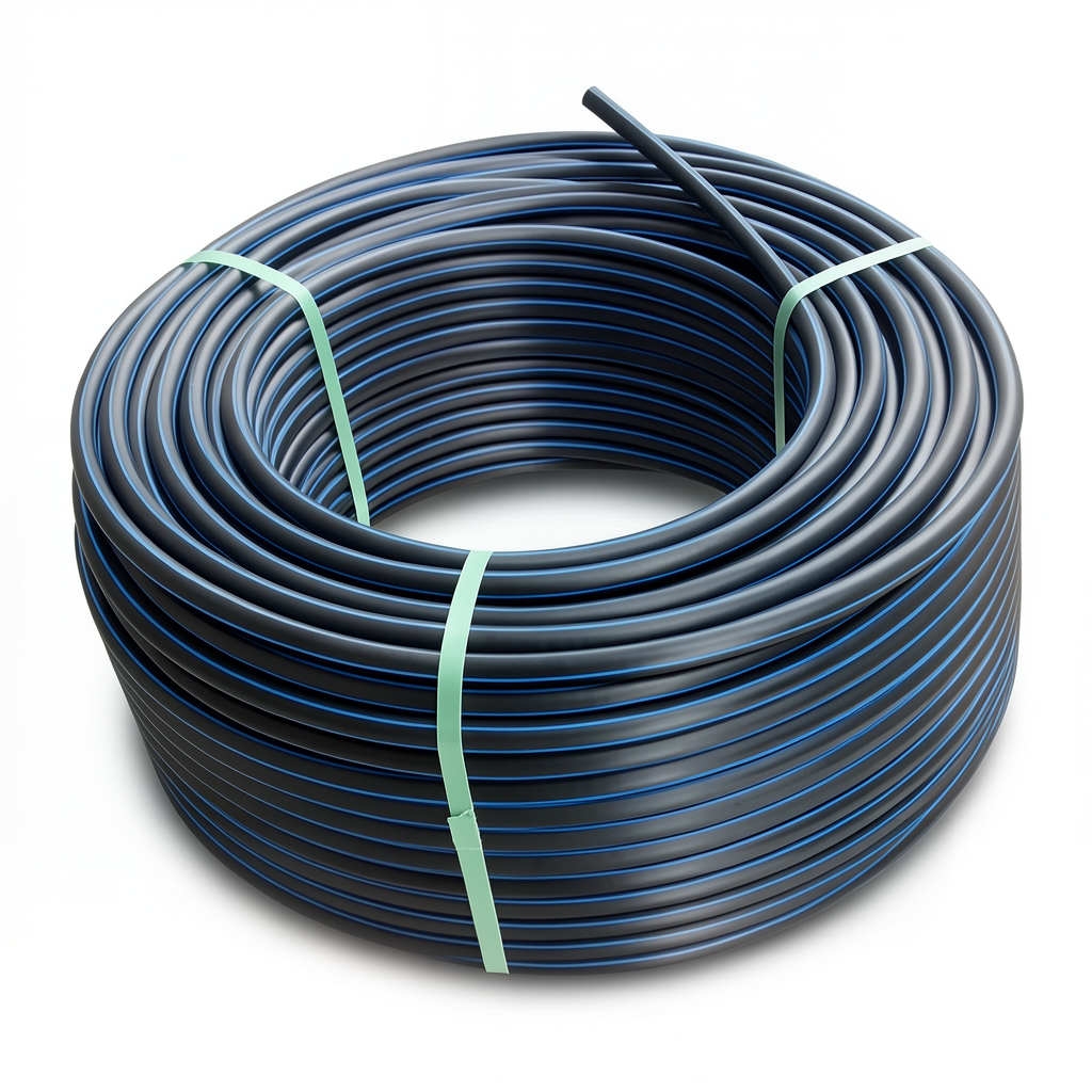 لفة أنابيب بلاستيك HDPE ضغط اسمي 6 بار PE 80 قطر خارجي 90 مم SDR 22 أسود مع خطوط زرقاء