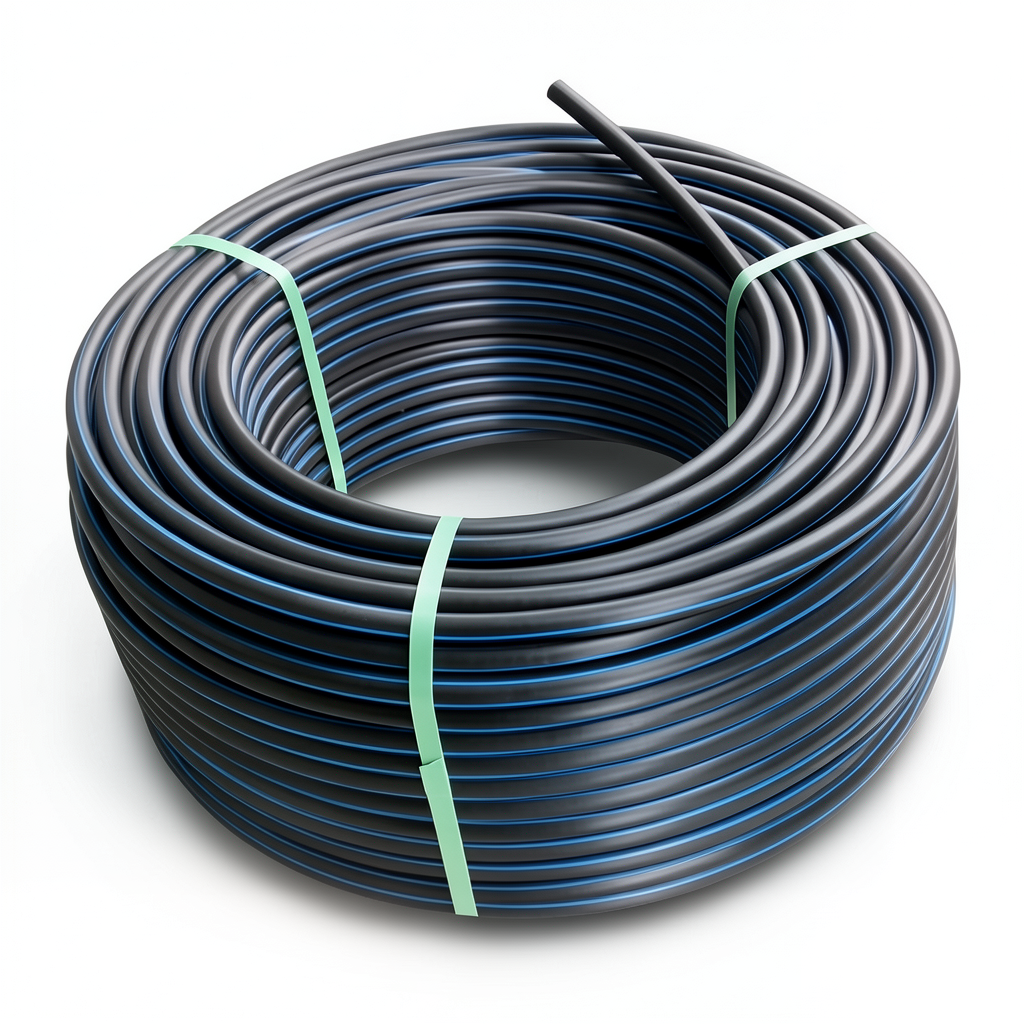لفة أنابيب HDPE ضغط 6 بار PE 80 قطر خارجي 110 مم SDR 22 أسود مع خطوط زرقاء