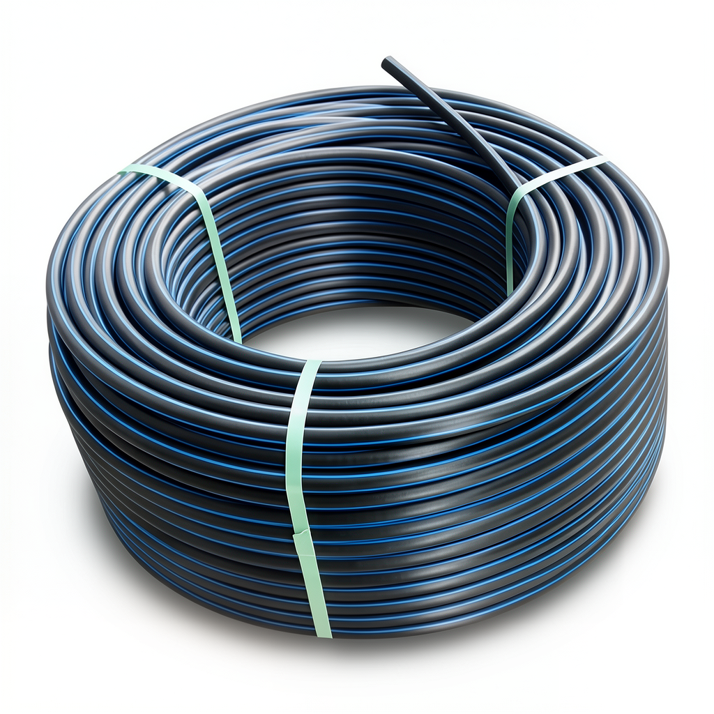لفة أنابيب HDPE ضغط 6 بار PE 80، قطر خارجي 125 مم SDR 22 أسود مع خط أزرق