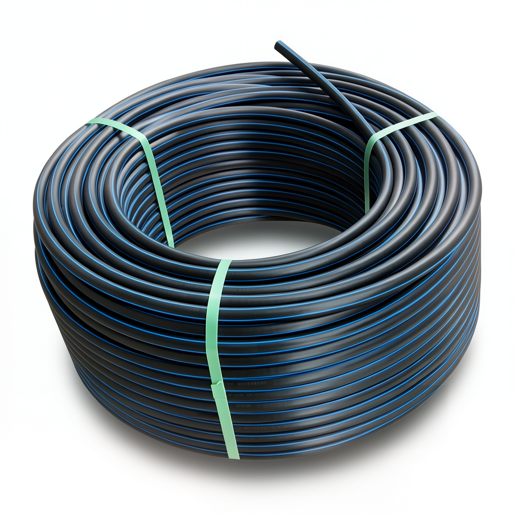 HDPE Plastic Coil Pipe Nominal Pressure 6 Bar PE 80, OD 160 mm SDR 22 Black with Blue Stripes