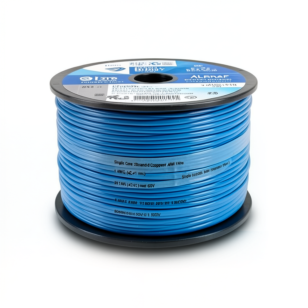 سلك مفرد AWM نحاس مجدول 600 فولت مقاس 1 AWG، عزل PVC أزرق، طول 500 قدم | شركة الفنار
