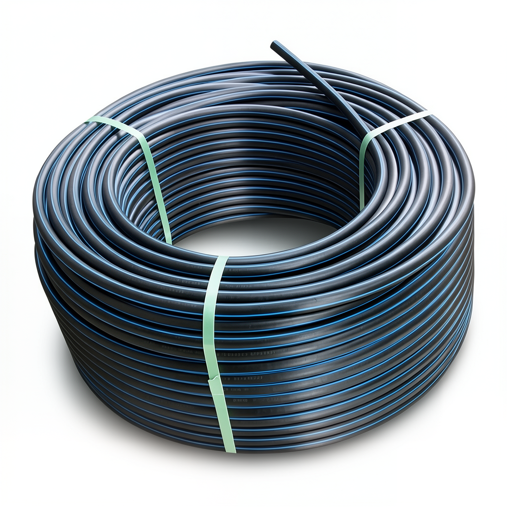 لفة أنابيب بلاستيك HDPE ضغط اسمي 6 بار PE 80 قطر خارجي 90 مم SDR 22 أسود مع خطوط زرقاء