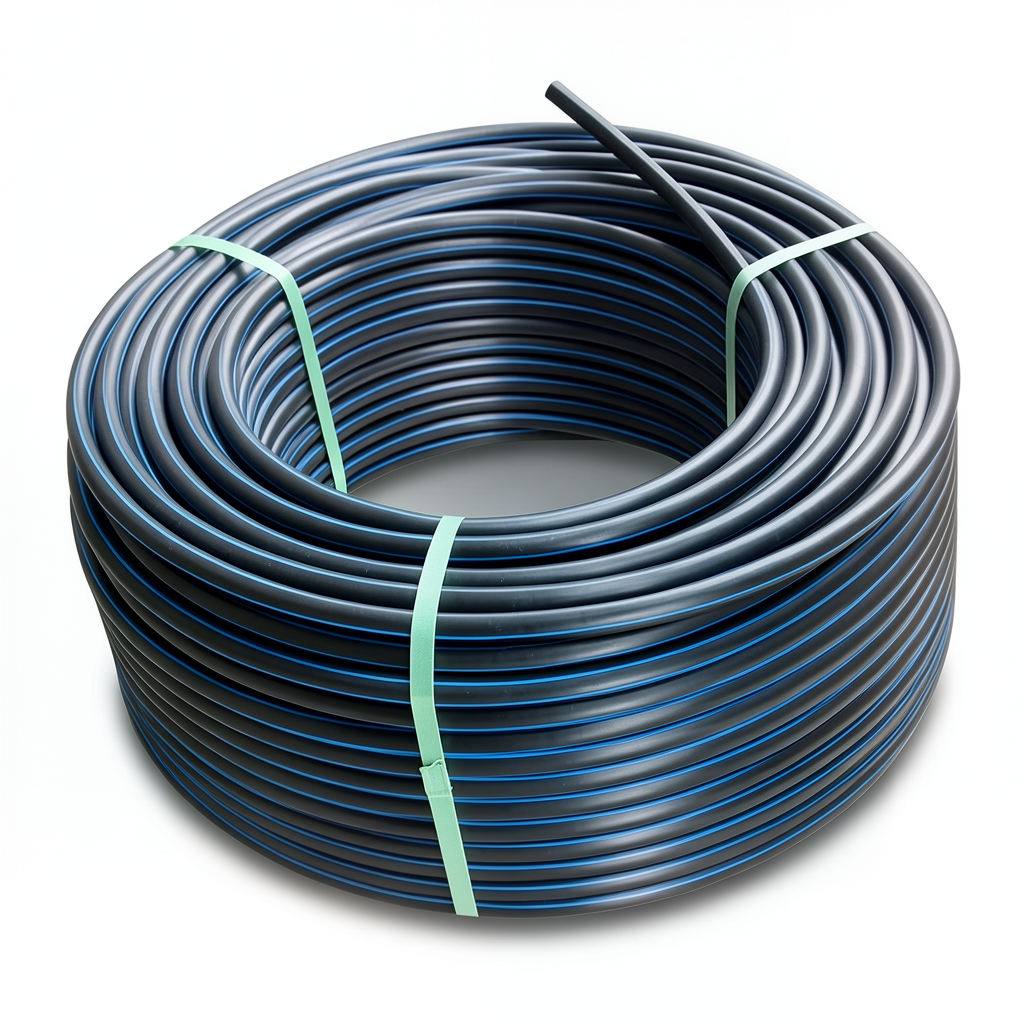 لفة أنابيب HDPE ضغط 6 بار PE 80 قطر خارجي 110 مم SDR 22 أسود مع خطوط زرقاء