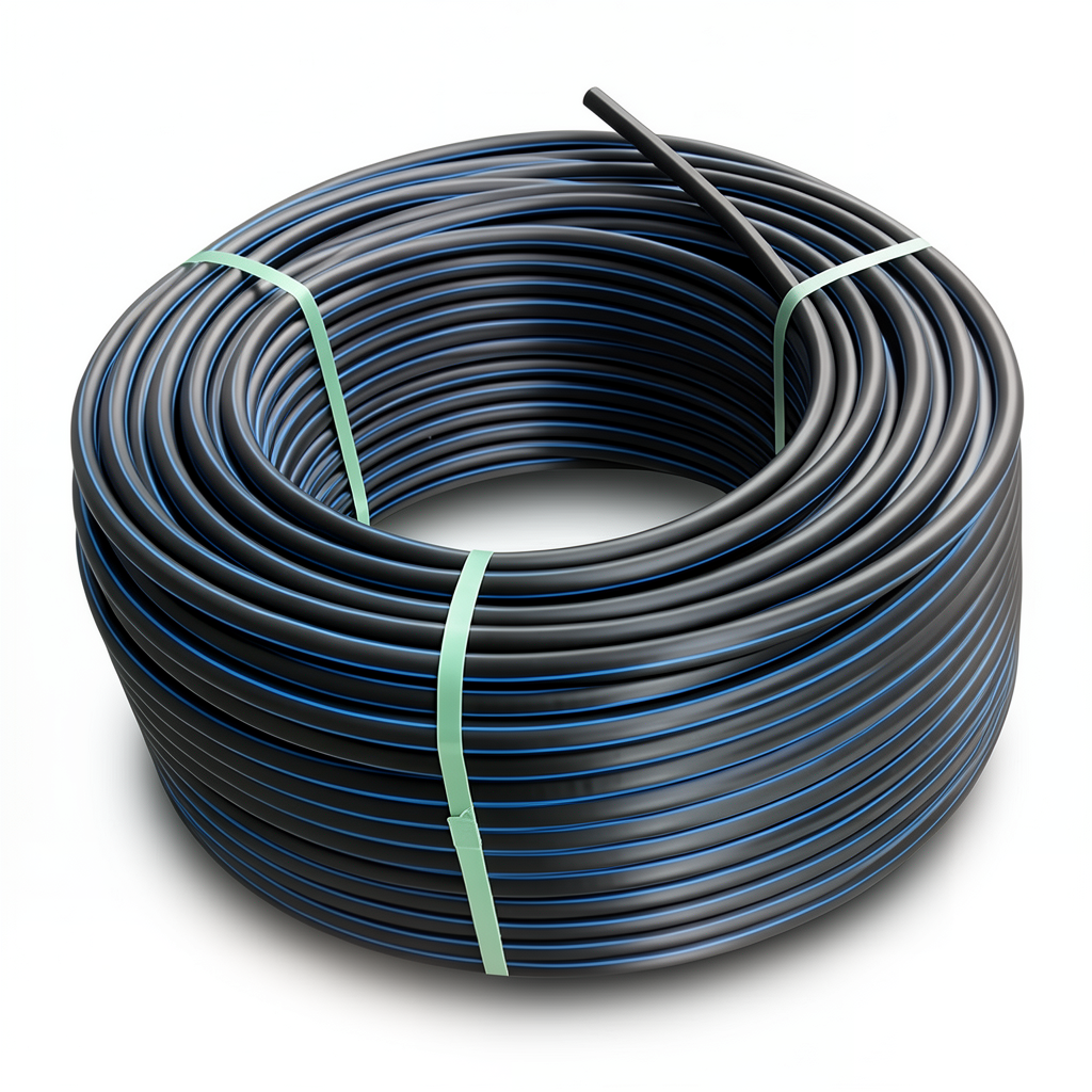 HDPE Plastic Coil Pipe Nominal Pressure 6 Bar PE 80, OD 160 mm SDR 22 Black with Blue Stripes