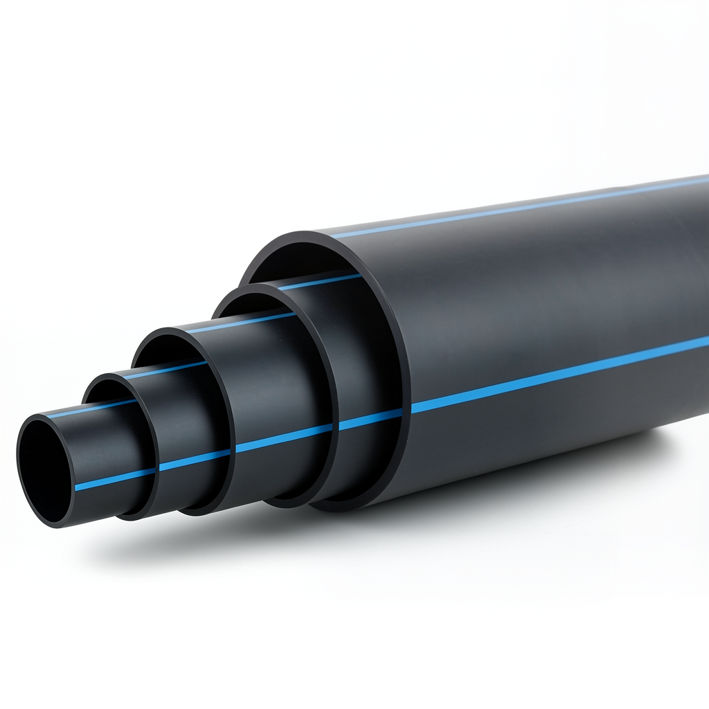 مواسير بلاستيك HDPE ضغط 6 بار PE 100 قطر خارجي 180 مم SDR 26 أسود مع خط أزرق